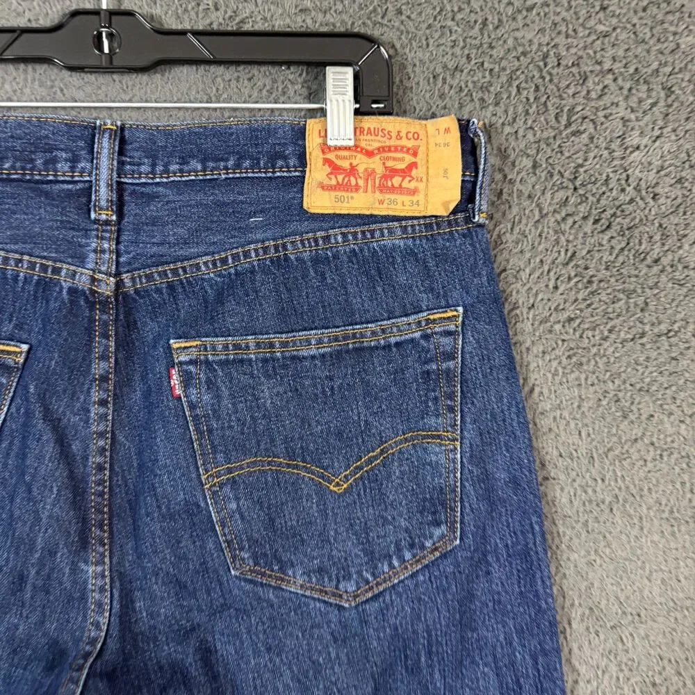 Levis 501 Jeans Mens 36x34 Blue Straight Fit Dark Wash Button Fly Denim Pants